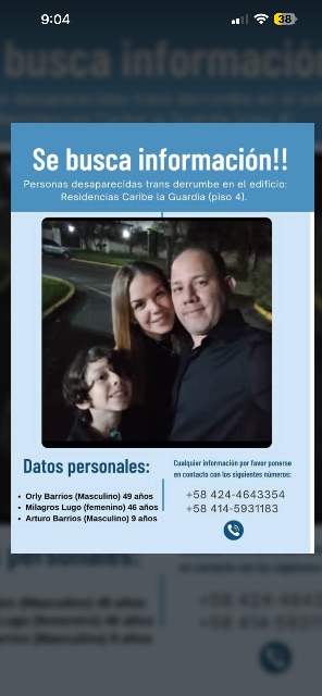 Orly Barrios 49 años Milagros Lugo 46 años Arturo Barrios 9 años Número de contacto